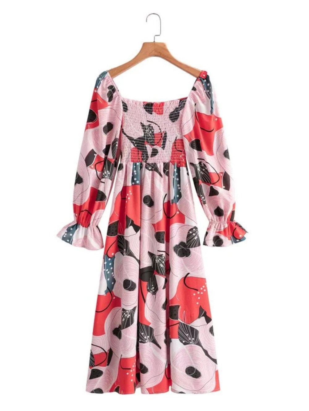 ZARA Square Collar Printed Long Sleeve Elastic Waist Dress